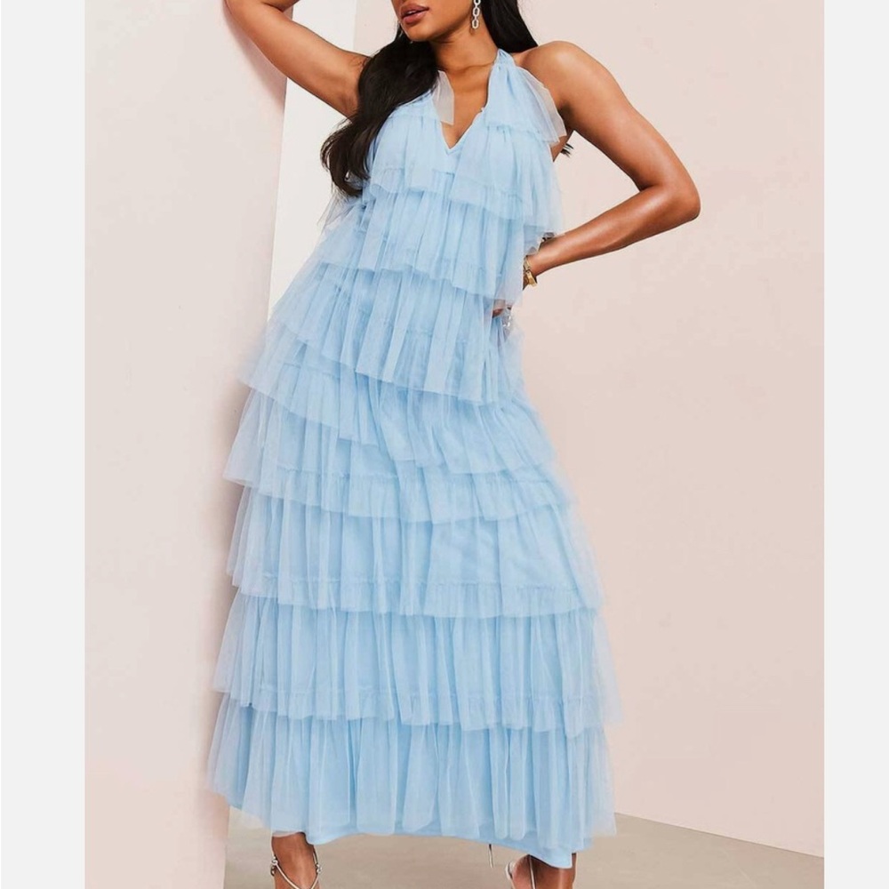 ASOS blue ruffle maxi dress